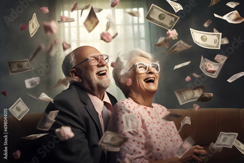 flying money banknotes around senior couple at home