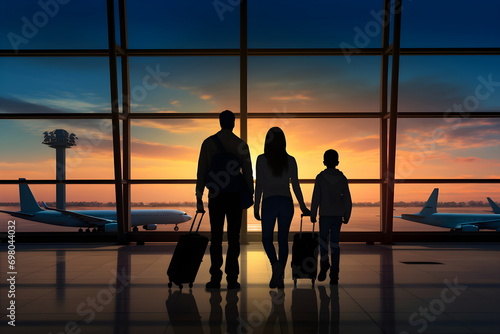 family standing silhouette in airport terminal