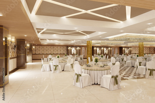 Luxurious wedding reception in a grand and glamorous indoor ballroom 3d render 