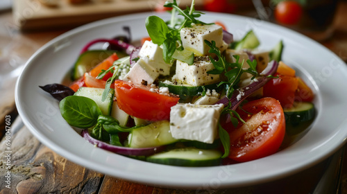 Greek salad with feta cheese and fresh organic vegetables in close-up. Restaurant serving.