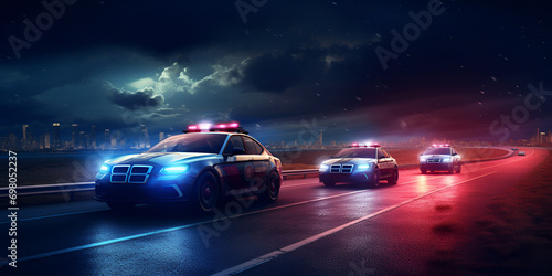 police car at night, Police car patrol with bluered flasher and serena driving in city on rainy night generative ai 