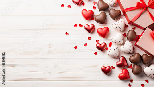 red hearts, chocolates on a white background 
