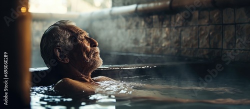 Elderly man relaxes in bath house.
