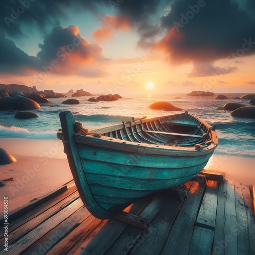 AI generated illustration of a blue wooden boat is moored on a wooden boardwalk at sunset