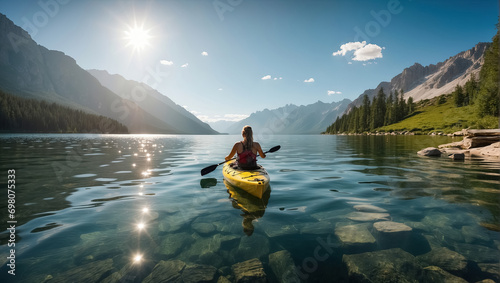 Young woman kayaking in the picturesque lake. Generative Ai
