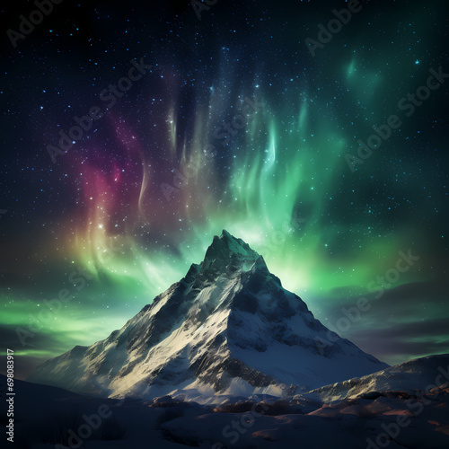 Snow-covered mountain peak under the dancing display of the northern lights.