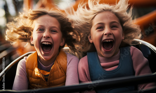 Exhilarating moment as two young girls scream with joy on a thrilling roller coaster ride