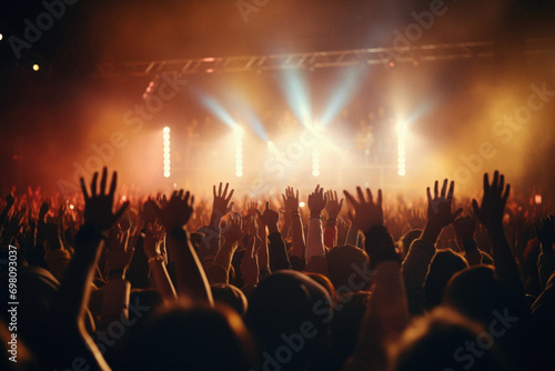 Crowd at a concert with hands raised at a music festival .