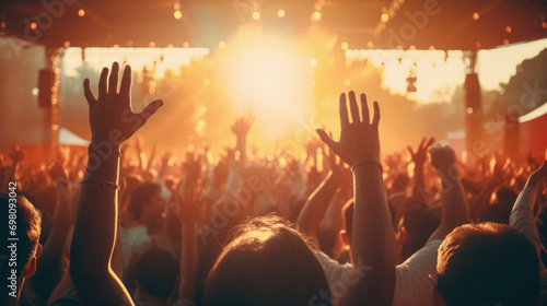 Crowd cheering at a music festival, hands up in the air
