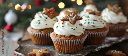 Christmas dessert idea: Cream cheese frosted gingerbread cupcakes with cookie topping.