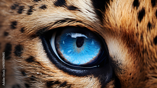 The blue eyes of th wild animal cheetah as seen on a closer