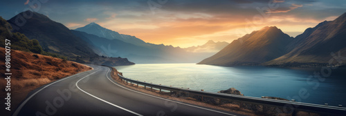 Coastal road winding through a scenic landscape with mountains, ocean, and clear skies at dawn.