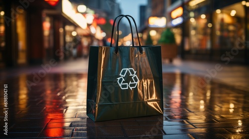 a green colored shopping bag with a recycle symbol