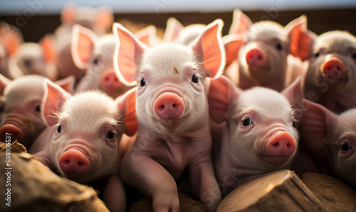 Adorable litter of piglets cuddling together, a close-up of multiple baby pigs with pink snouts, capturing the innocence of farm life