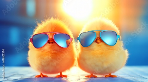 Cute Two little yellow chickens in sunglasses on a bright sunny day, Funny easter concept. 