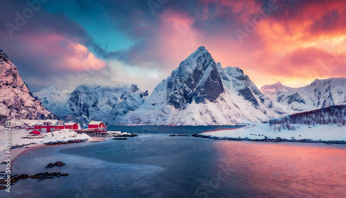Breathtaking Winter Landscape: Northern Fjords, Mountain Peaks, and Vibrant Sky in Lofoten Islands, Norway