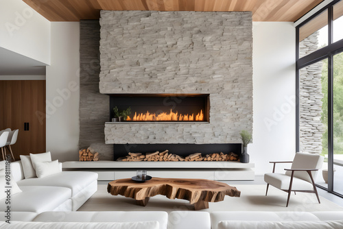 The coffee table sits between the white sofas opposite the fireplace in the stone wall. Minimalist home interior design for modern living room in a villa.