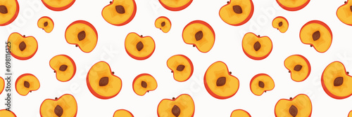 Summer Peach seamless Pattern in cartoon style. Weldless vector illustration with orange halves and pieces of apricots with rich color. Patterned design for textiles, print