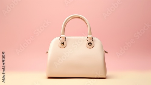 cream color hand bag on pink background.