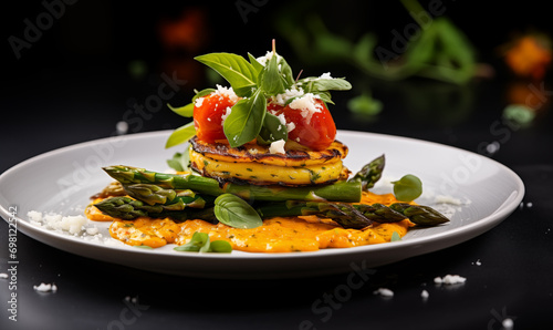 Asparagus pancakes with tomato, cheese, and basil on a dark background