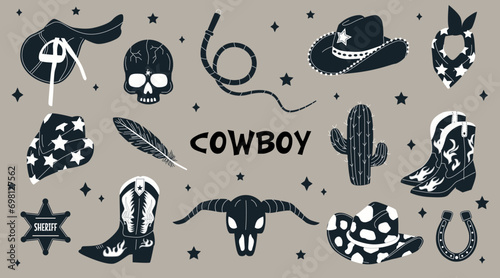 Hand drawn black and white vector cowboy accessories. Collection of retro elements. Cowboy Western and Wild West theme. Set of cowboy hat, boots, cactus, lasso, cow skull, horseshoe, saddle, feather.