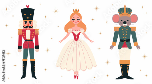 Christmas set of characters from the winter fairy tale of the ballet Nutcracker's story. Nutcracker, mouse king, princess ballerina. Fairy tale characters. Colored vector illustration in flat style