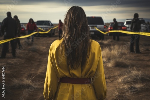 Rear view of indigenous woman facing police tape and crime scene investigators. Generative AI.
