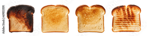 A set of different toasted breads are cut out on a transparent background. A set of various toasts on a white background, for insertion into a design or for an advertising banner.