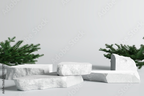 White stone product display podium. Pine concept. 3D rendering