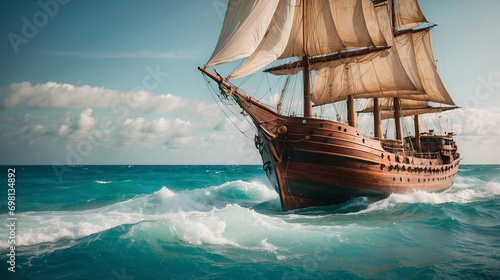 Around the world sea voyage. An ancient medieval wooden sailing ship floats on the waves. Turquoise water, blue sky, sunny day.