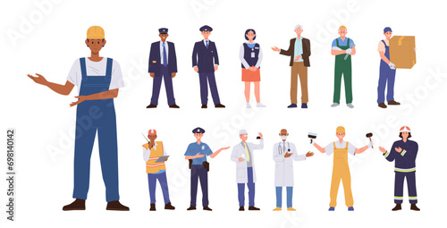 Different workers cartoon characters set with builder, pilot, policeman, doctor, deliveryman