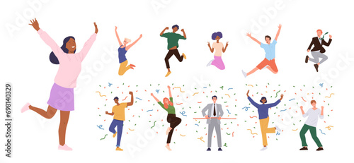 Happy people cartoon characters celebrating success cheerfully jumping rejoicing win and victory