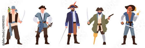 Pirate, sailboat captain, filibuster, marine robber cartoon characters in different poses set