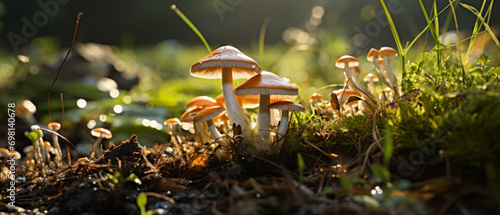 Cluster of mushrooms nestled in lush grass.