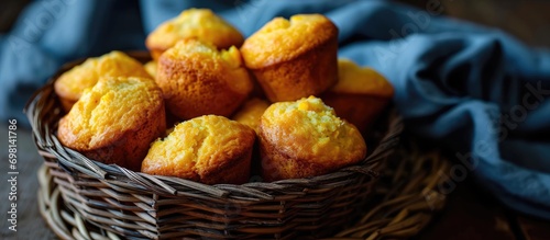 Basket of mini corn muffins made with cornmeal cornbread.