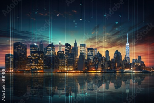 New York City skyline with skyscrapers at sunset. Double exposure, A city skyline at dusk with the building lights, AI Generated