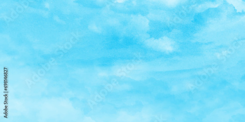 painted white clouds with pastel blue sky, Brush paint blue paper textured canvas element with clouds, blue sky with clouds background, abstract watercolor background illustration.