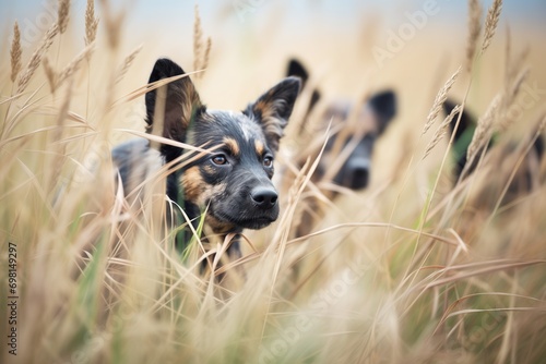 african wild dogs coordinating an ambush in tall grass