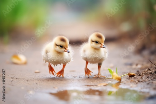ducklings pecking seeds on dirt path
