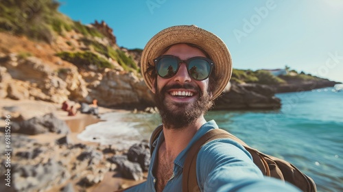 Happy Man Taking Selfie Picture at Beach with Smartphone