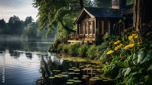 A serene boathouse nestled at the lake's edge amidst verdant vegetation, forming a tranquil lakeside haven.