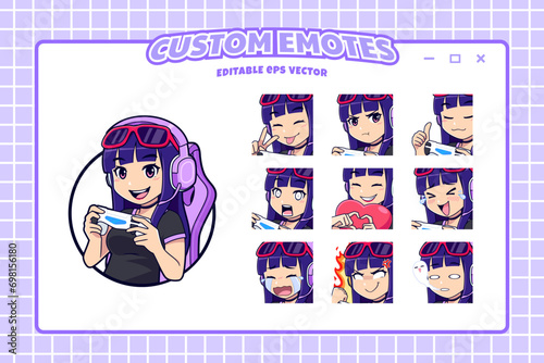 Cute emo e-girl stremer logo with icons and sticker expressions set