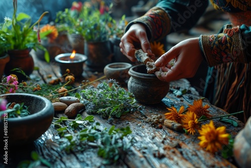 Herbalist Preparing Natural Remedies on Rustic Table