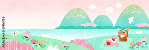 春のピクニックの背景イラスト 花や山に囲まれた自然の水彩風景