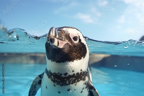 African penguin swims in the water and looks at the camera, Humboldt penguin is swimming in the pool, AI Generated