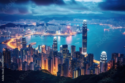 Hong Kong skyline at night, Hong Kong city view from The Peak at twilight, AI Generated