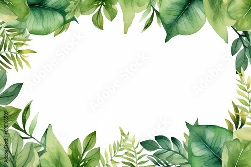 Watercolor tropical leaves frame on white background. Hand painted illustration, Hand-painted watercolor frame with tropical green leaves and branches, AI Generated