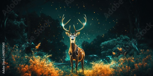 An antelope glows in the forest at night, diamond wire photography, van gogh style, 2K, high resolution 