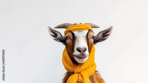 rubber billy goat with bandana on head on white background