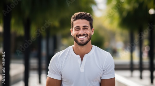 Man smiling, beautiful teeth, bright smile, urban park xeroscaping background, Nikon D850